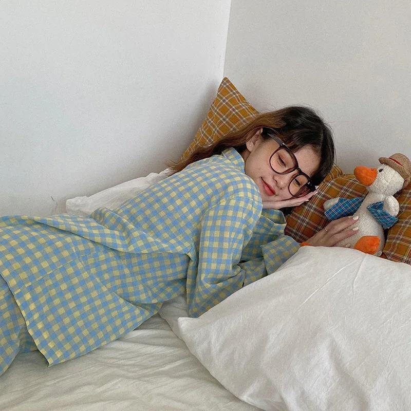 QWEEK Plaid Women Pajamas Korean Green Girls Pyjamas Sets Autumn Pijamas Sleepwear Nightie Nightgown Loungewear Dropshipping