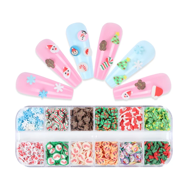 

12 Grids Christmas Resin Nail Art Decorations Snowflake Xmas Tree Mixed Polymer Clay Flakes 3D Manicure Design Accessories