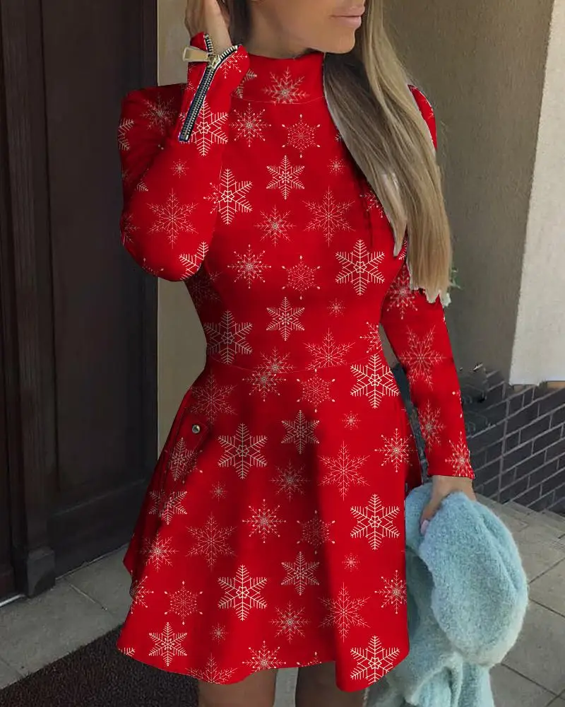 

2021 autumn new long sleeve dress Christmas print one-piece A-line skirt high neck warm temperament short skirt