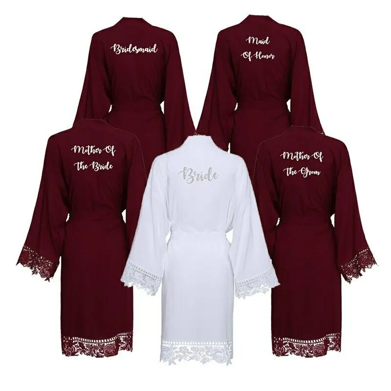 Solid Cotton Kimono Robes with Lace Trim Women Wedding Bridal Robes Bathrobe Sleepwear Bridesmaid Robes Bathrobe