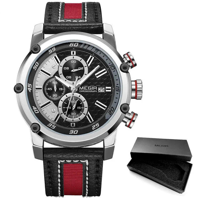 M2079-Red-Black Мужские спортивные часы MEGIR с кожаным ремешком и хронографом, модные водонепроницаемые аналоговые кварцевые наручные часы для мужчин 2079GDBK - Цвет: M2079-Red-Black