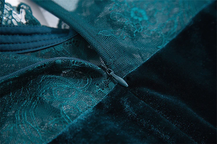 

Lace Stitching Velvet Women Stand Collar Flare Long Sleeve Slim Long Dress 2020 New Spring Designer High Waist Dresses Vestidos