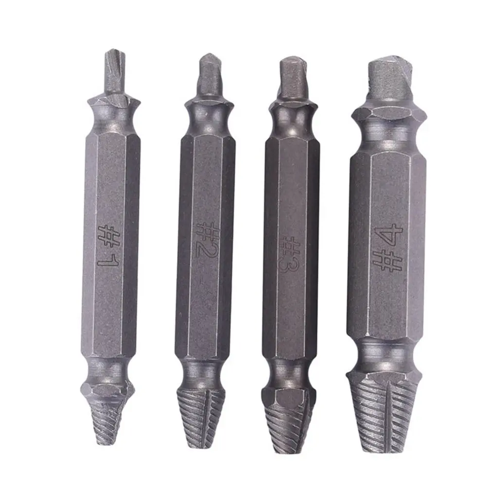 

4Pcs/set Damaged Screwdriver Extractor Set Double Side Broken Screw Bolt Stud Remover Puller Center Drill Bit Removal Tools