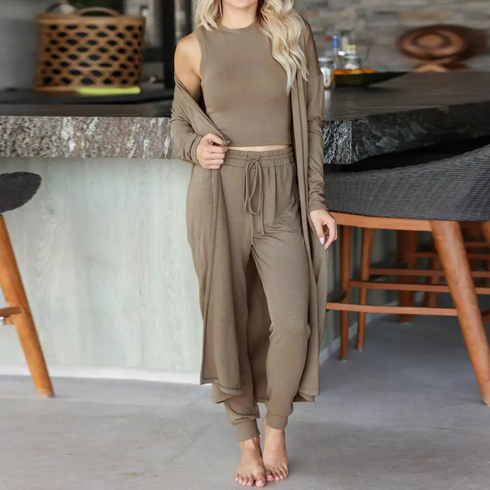 

2021 New Autumn Women 1 Set Vest Coat Pants Set Solid Color Drawstring Three-piece Sleeveless Vest Top Pants Set