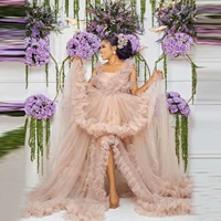 charming extra puffy tulle evening gowns with flares straps sleeveless hi low ruffles tiered fluffy women aso ebi prom dress