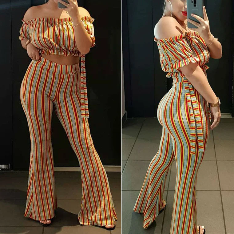 2020 Summer Women Two Piece Sets Short Tops Long Flare Pants Slash Neck Orange Striped High Waist Ladies Street Clothes Set | Женская