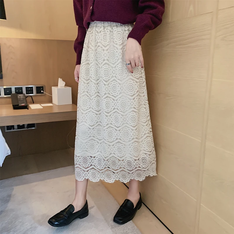 Миди кружевные юбки с высокой талией весна-осень корейский стиль элегантные