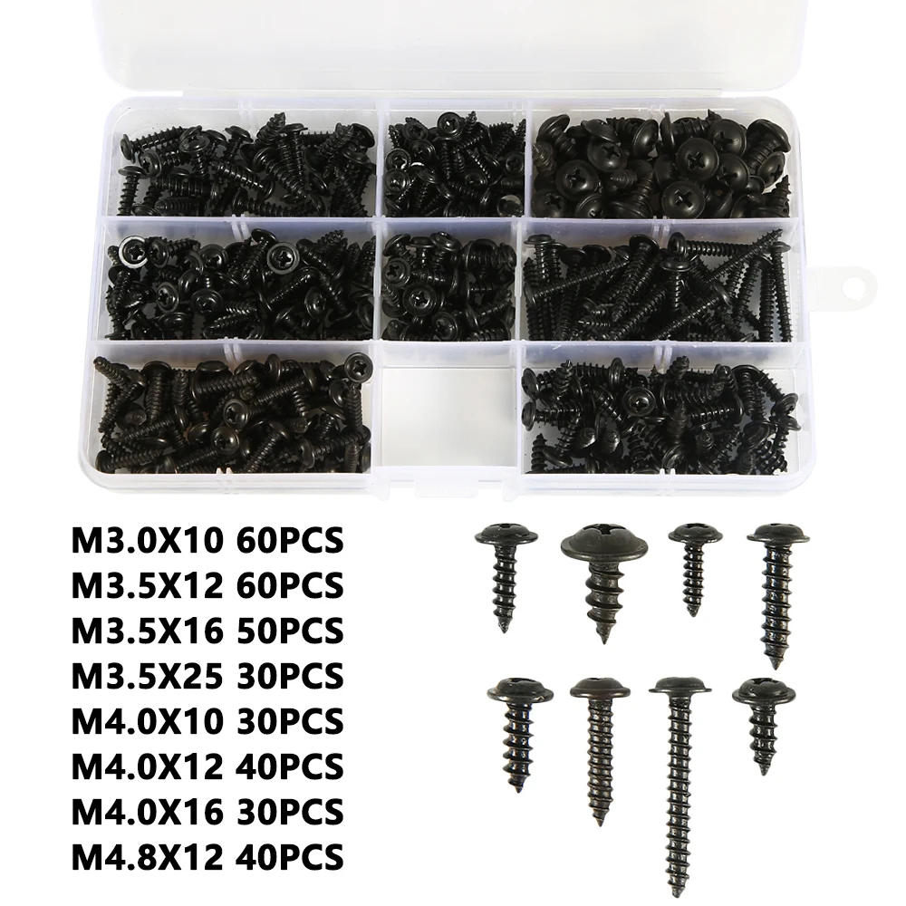 340pcs 340 шт. саморезы с полукруглой головкой M3/M4/M3.5/M4.8 набор саморезов Ассортимент Комплект черная мебель углеродистая сталь - Цвет: 340pcs