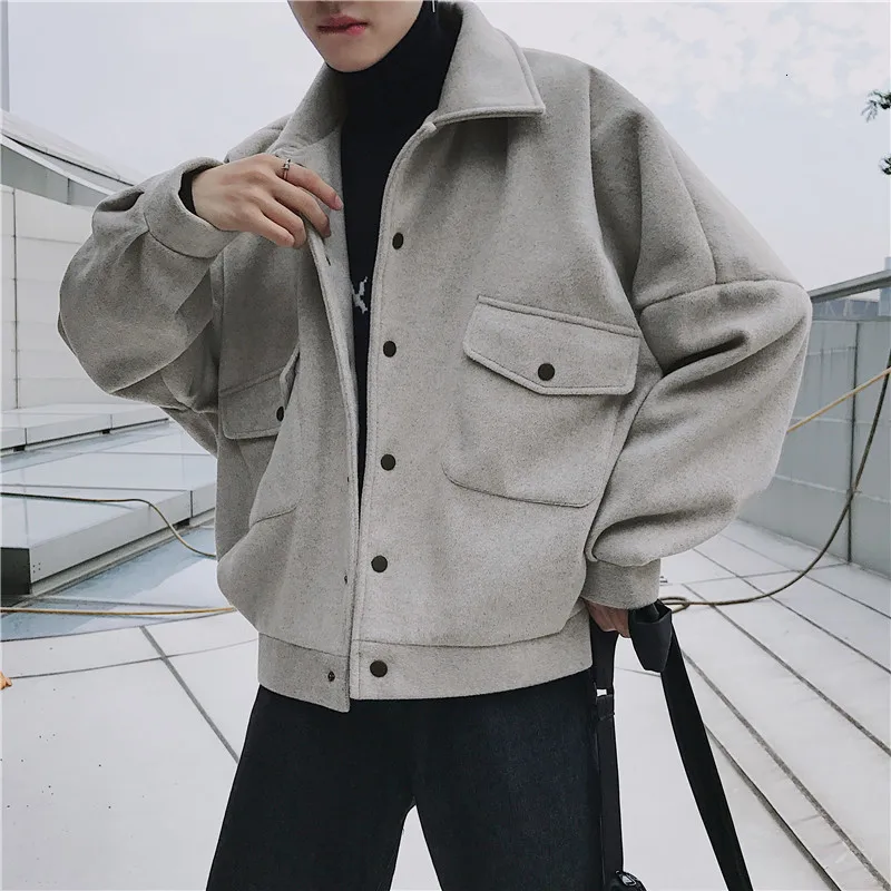 light gray Короткая мужская шерстяная куртка модная однотонная повседневная мужская куртка уличная дикая свободная британская ветровка шерстяная куртка мужская одежда M-2XL - Цвет: light gray