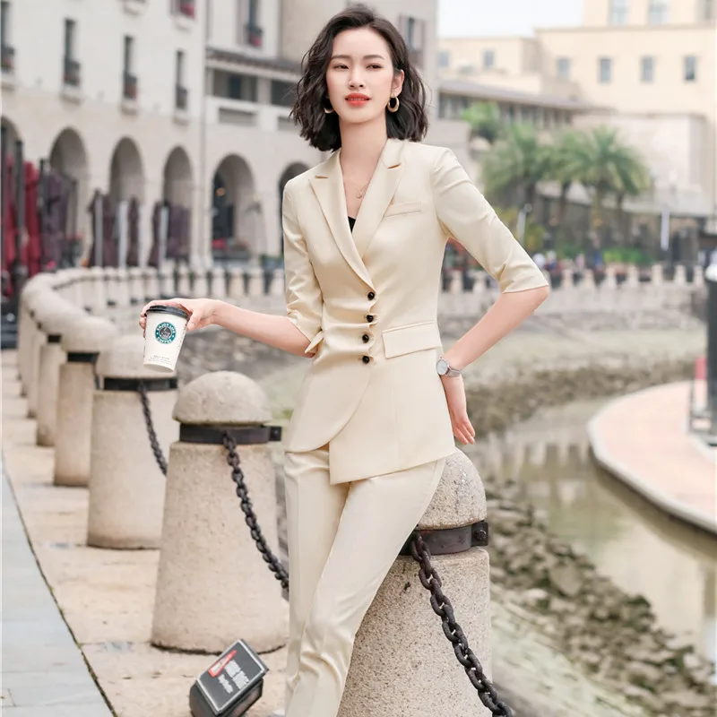 

Slim Pleated 2021 Spring Suit Pants Elegant Short Sleeve Summer Office Blue Business Suit White Blazer New Oversize Black Jacket