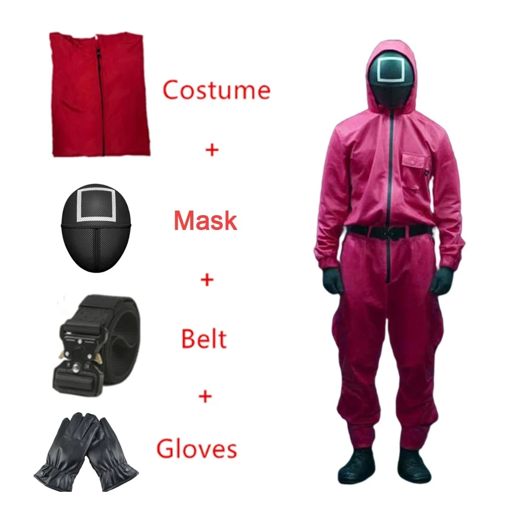

Squid Game Villain Red Jumpsuit Cosplay Costume Halloween Party Rompers Sets Korean TV Round Six Mask Jumpsuits 2021 Hot Sale