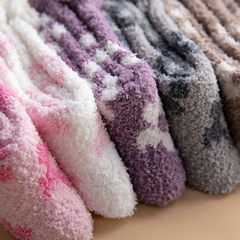Women Winter Coral Velvet Fuzzy Slipper Socks Sweet Floral Jacquard Solid Color Microfiber Cozy Warm Sleeping Hosiery | Женская одежда