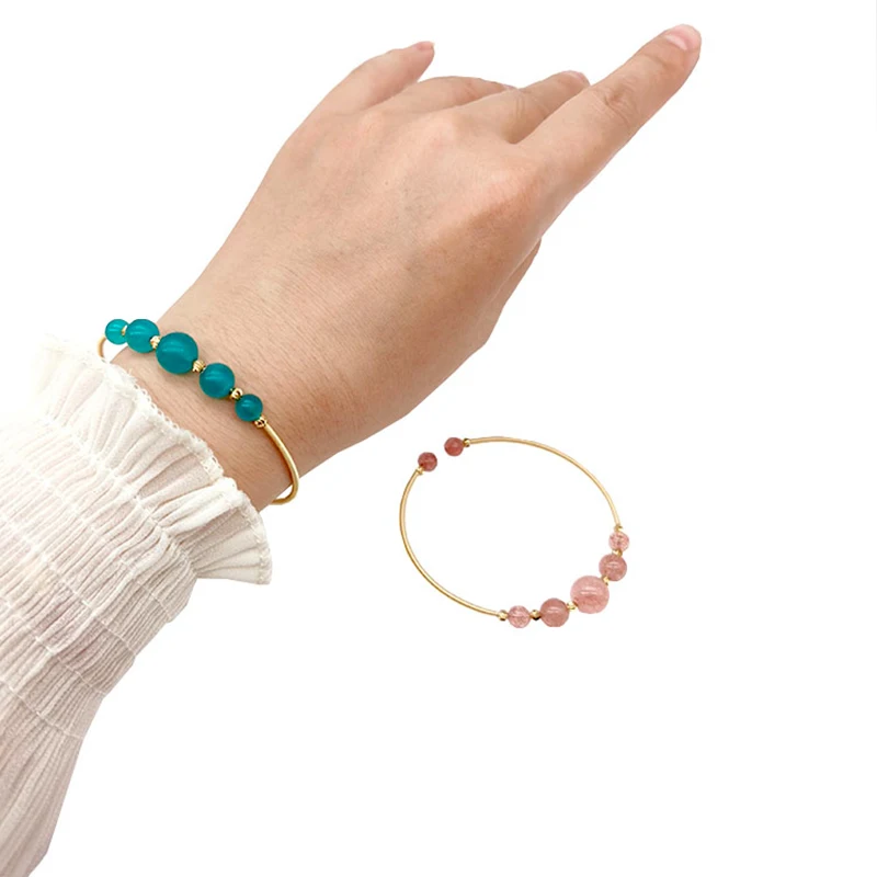 

18.5cm 24K Gold Round Gemstone Amazonite Handmade Twisted Cable Bangle Bracelet Jewelry Blue Crystal Unique Gift Luck