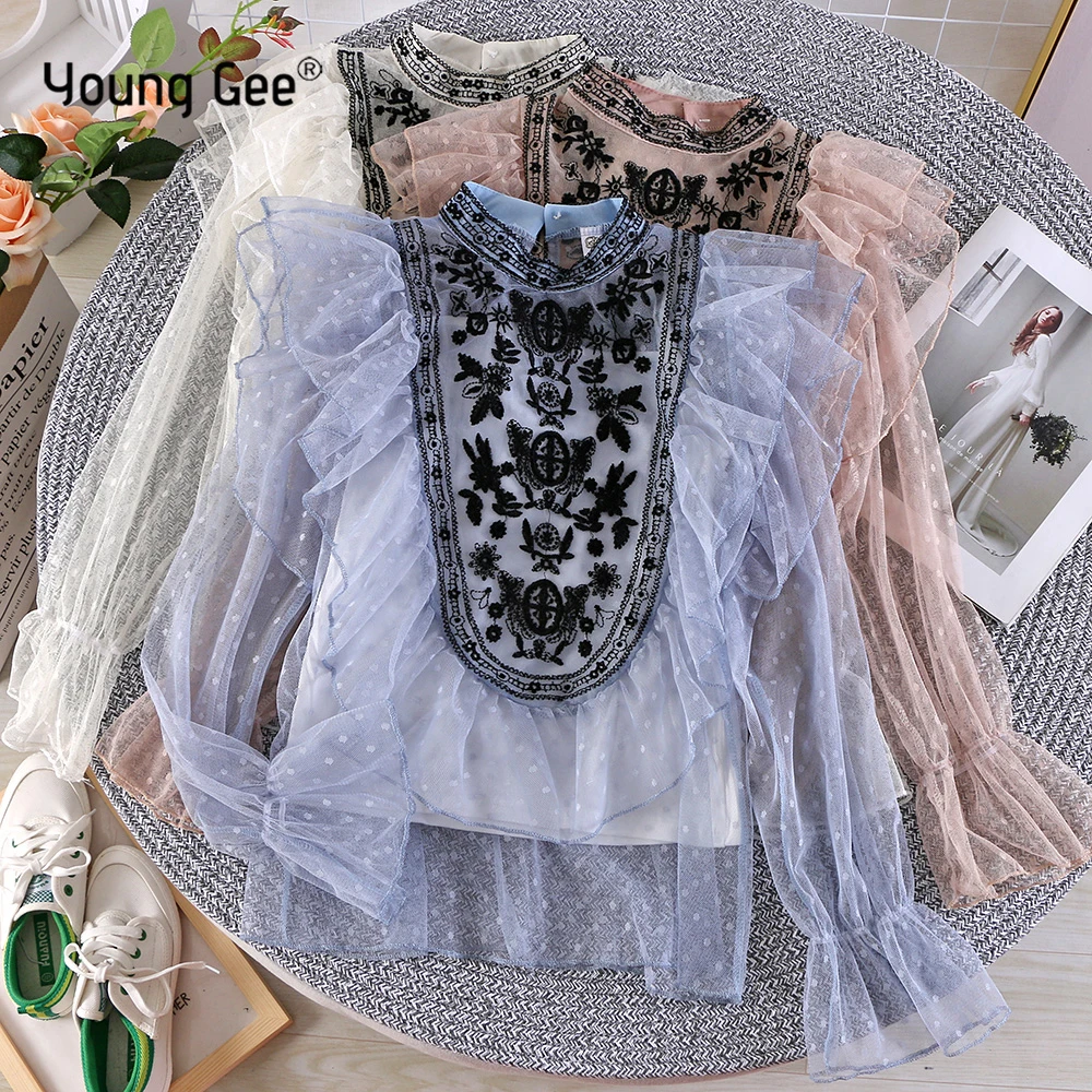

Young Gee Luxury Designer Floral Embroidery Women Party Blouse O-Neck Flare Sleeve Top Sheer Mesh Ruffles Polka Dots Blouses