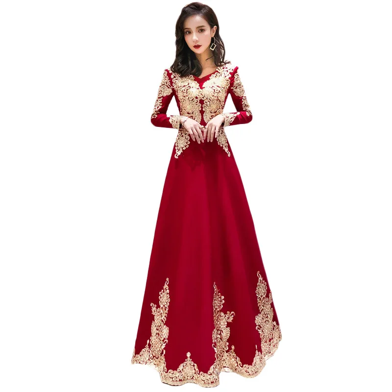 

Embroidery Women Party Dresses R224 V-Neck Long Sleeve Formal Evening Gowns A-Line Robe De Soiree Zipper Back Elegant Dress