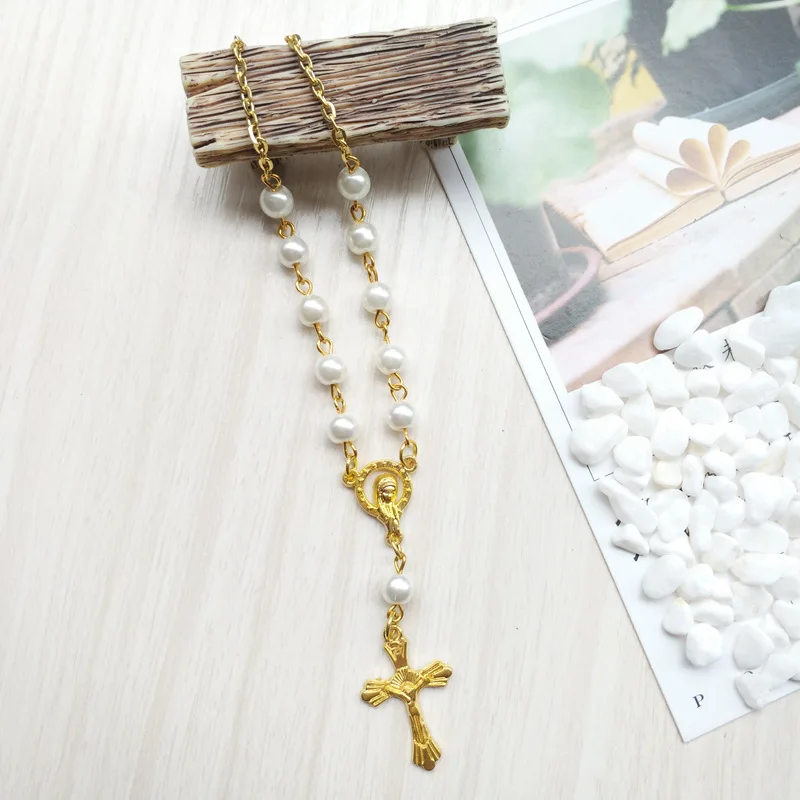 QIGO золотой крест кулон стеклянный жемчуг четки браслет для мужчин женщин