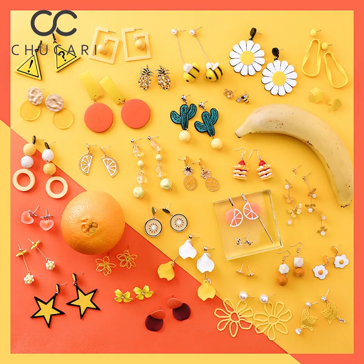 Очаровательные акриловые серьги CHUCARI желтые с фруктами и цветами клубника киви