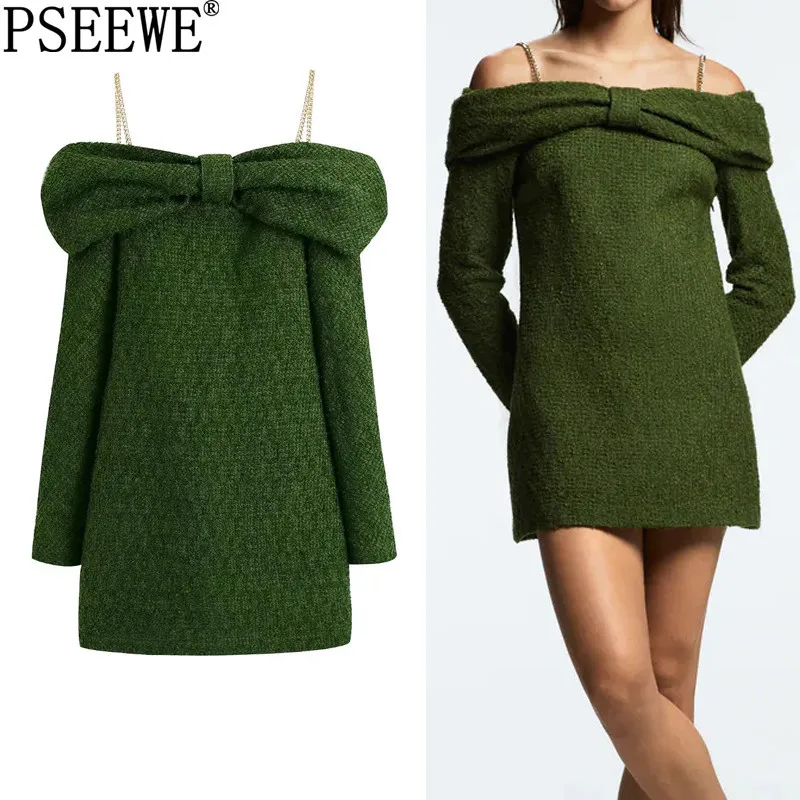 

PSEEWE Za Green Tweed Dress Woman Off Shoulder Short Dresses For Women Long Sleeve Chain Slip Dress Autumn Bow Party Dresses