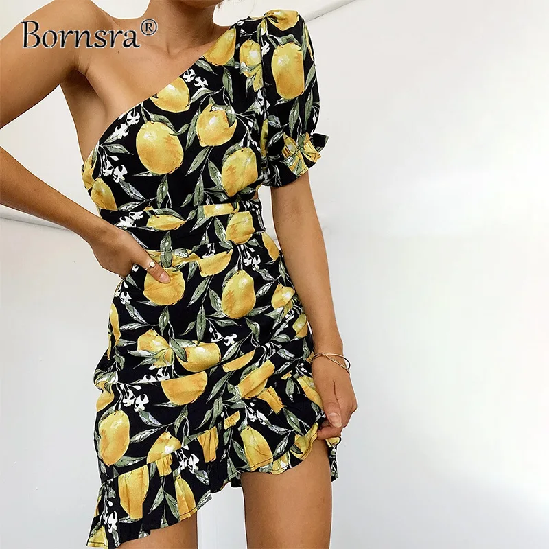 

Bornsra 2021 Women Dress Lemon Print Ruffle Pleated Skirt Sexy Slanted Shoulder Design Women Dress Printing Woman Dress