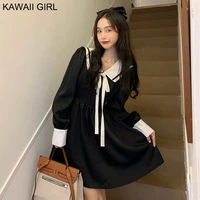 spring new college style women dress sweet girl navy collar long sleeve bowknot puff sleeve dresses solid korean one piece dress