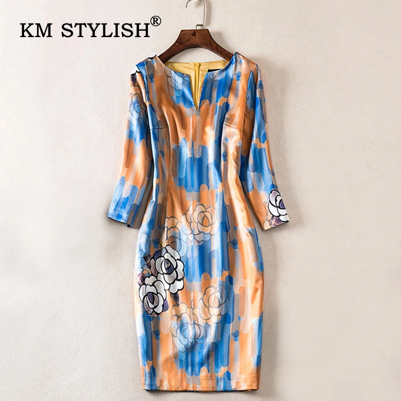 

New Women Dress High Quality Elegant Floral Print Slim Dress O-neck OL Autumn A-Line Plus Size Dress