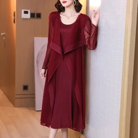 dresses for women 45 75kg 2021 autumn round neck long sleeve stretch miyake pleated loose faux two piece dress