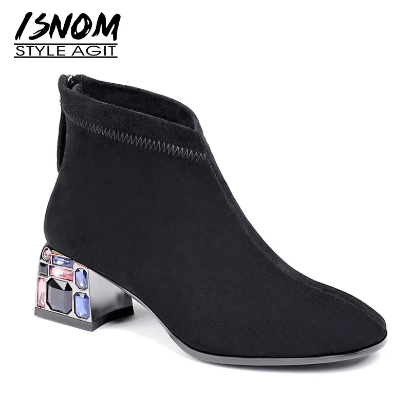 ISNOM высокие ботинки на каблуках с кристаллами женские ботильоны обувь квадратным