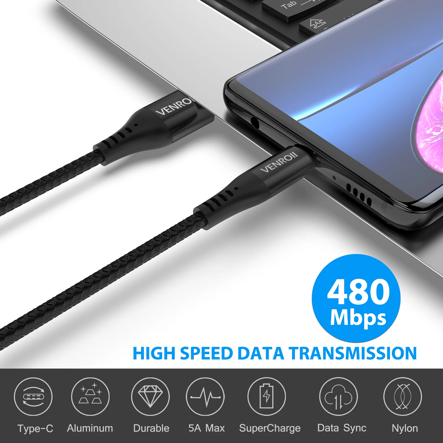 USB Type C кабель Venroii SuperCharge для Huawei P20 Mate 10 20 30 P30 Pro Quick Charge 3 0 4 Honor Nova 5 USBC|Кабели