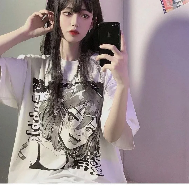 

Pure cotton Japanese two-dimensional anime girl blouse Harajuku loose short-sleeved T-shirt summer tee women Oversized t-shirt