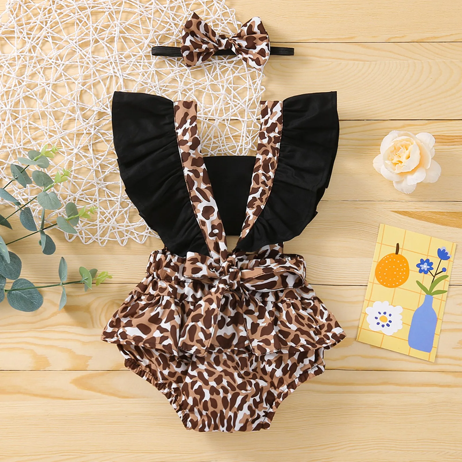 Infant Stitching Romper + Bow Headband Leopard Print with Adjustable Shoulder Strap Summer Clothing |
