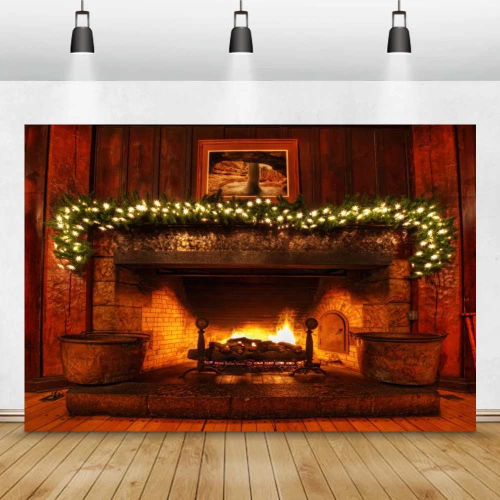 

Vintage Style Christmas Fireplace Photography Background Brick Wall Child Portrait Interior Decor Burning Flame Photo Backdrop