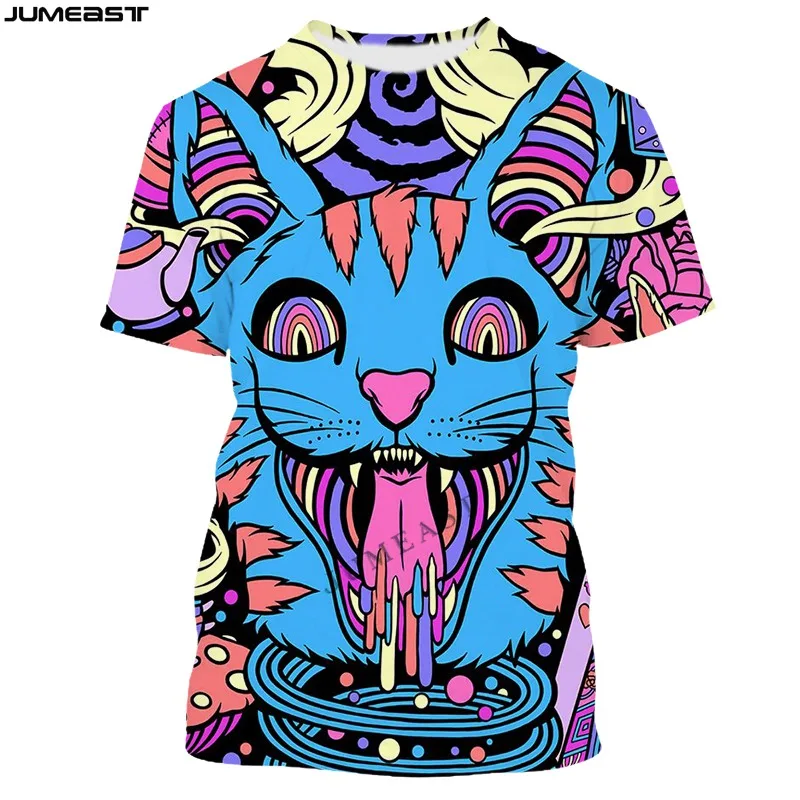

Футболка с коротким рукавом Jumeast, для мужчин и женщин, 3D, 7XL, с психоделическими и цветными кошками, в стиле Харадзюку, в стиле панк, спортивный...