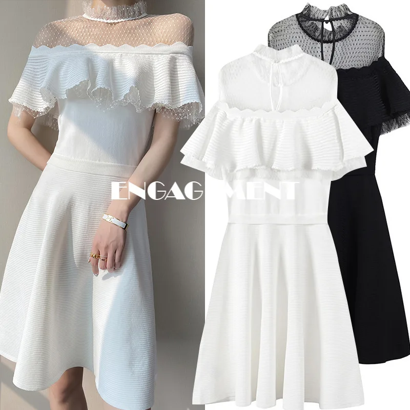 

ENGAGEMENT 2021 Summer New Perspective Mesh Ruffled Waist Slim Solid Color Fairy Long Dress