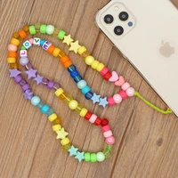 fashion acrylic letter mobile phone lanyard hip hop trend round beads anti lost mobile phone long chain womens jewelry gifts