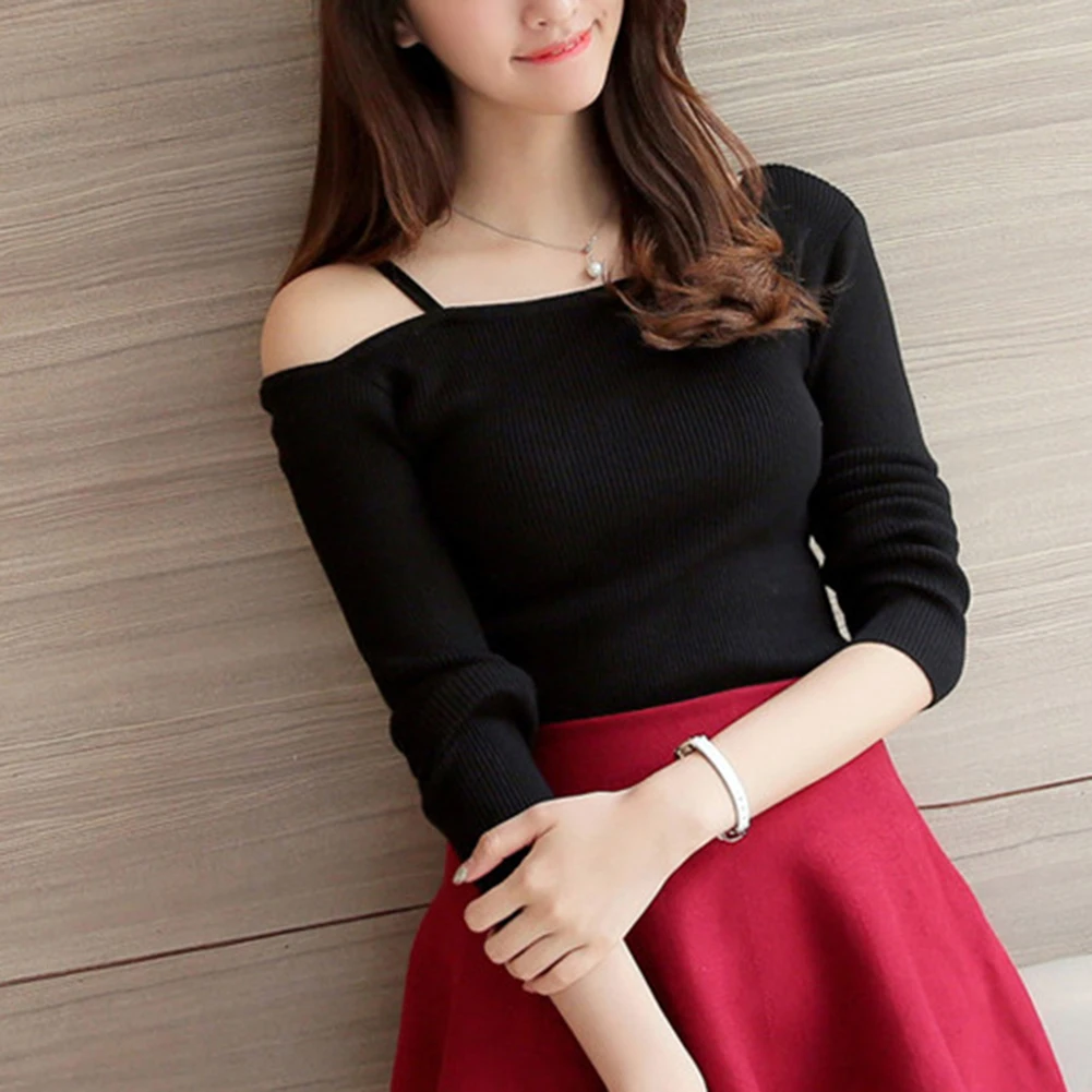 

Off Shoulder Sexy Women Long Sleeve Knitted Sweater Solid Skinny Slim Sweater Women Spring And Winter Pullovers