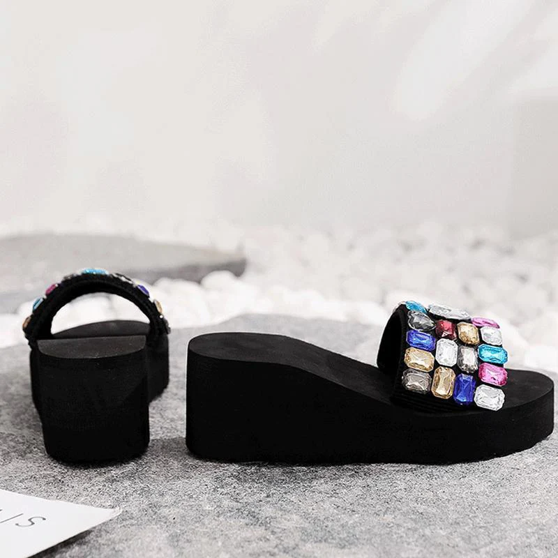 

Beach Shoes Women 2021 Summer High Platform Sandals Wedge Slope Handmade Slippers Female Crystal Flower Shoes