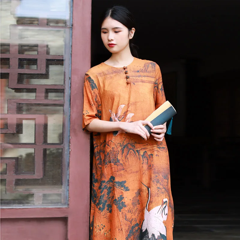 Hisenky 2019 Summer Chinese Style Dress Retro Ink Crane Printing Cotton Linen Women Dresses Slim Elegant Long Vestidos | Женская одежда