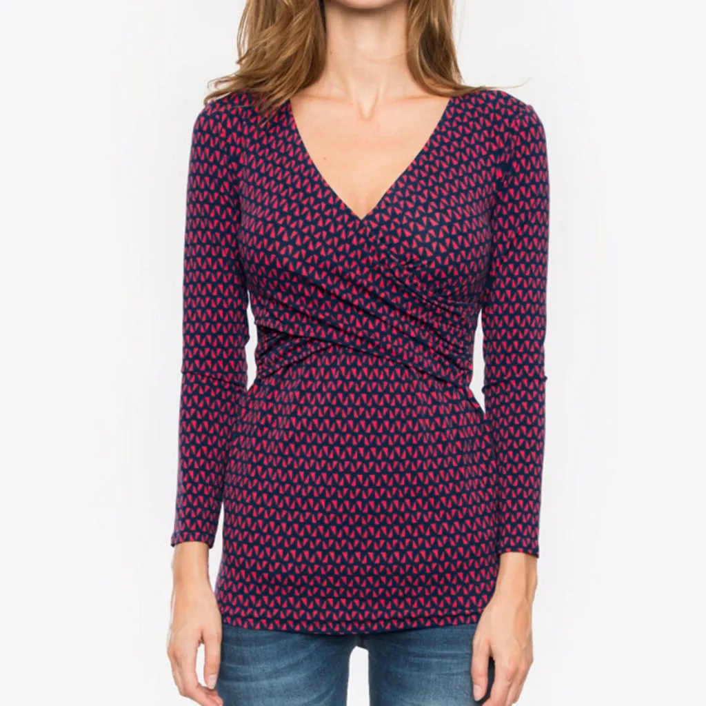 Женская блузка с рюшами и длинным рукавом v образным вырезом для беременных M50