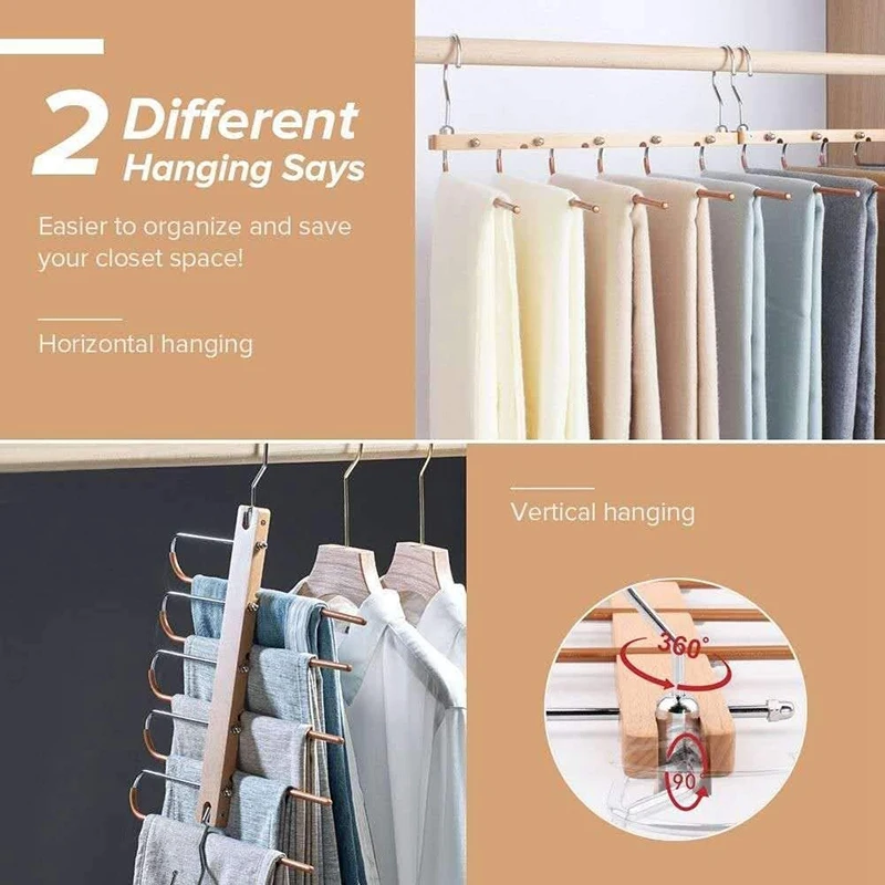 

Pants Hangers Anti Slip, Multifunctional Pants Rack Wooden Space Saving Pants Hangers Slacks Hanger,Adjustable Set of 2
