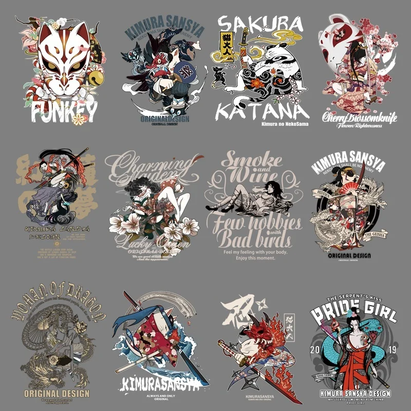 

19 styles Japanese style fashion female T-shirt fox mask cartoon cat cool heat transfer clothing printing washable DIY patch