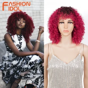 Afro Kinky Curly Pink Wig With Bangs Synthetic Red Anime Cosplay Wig Short African Style Hair 12 Inch Wig For Women FASHION IDOL