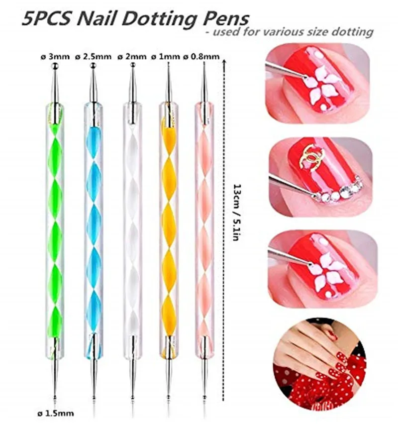 

5pcs Nail Art Dotting Pens Nail 2 Ways Tip Dot Paint Point Professional Nail Tools Kit Dot Marbleizing Painting Drawing Polish