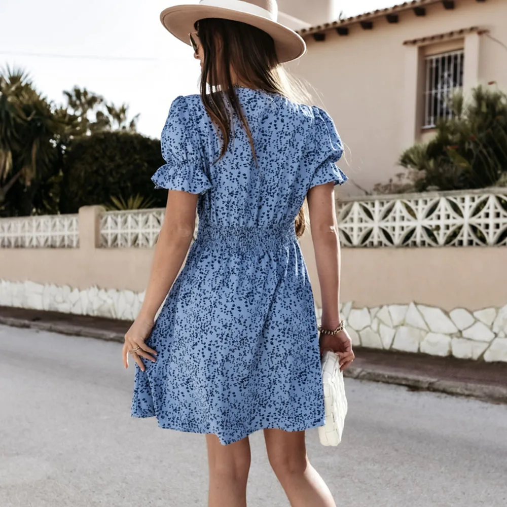 

Summer Floral Print Sexy Deep V Neck Mini Dress Women Casual Single Breasted Short Sleeve Slim Dresses Fashion Office Lady Dress