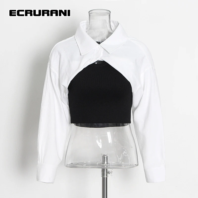 

Повседневные рубашки ECRURANI с цветными блоками для женщин, с лацканами, с длинным рукавом, пэчворк, двойная облегающая блузка, осень 2021, модная...