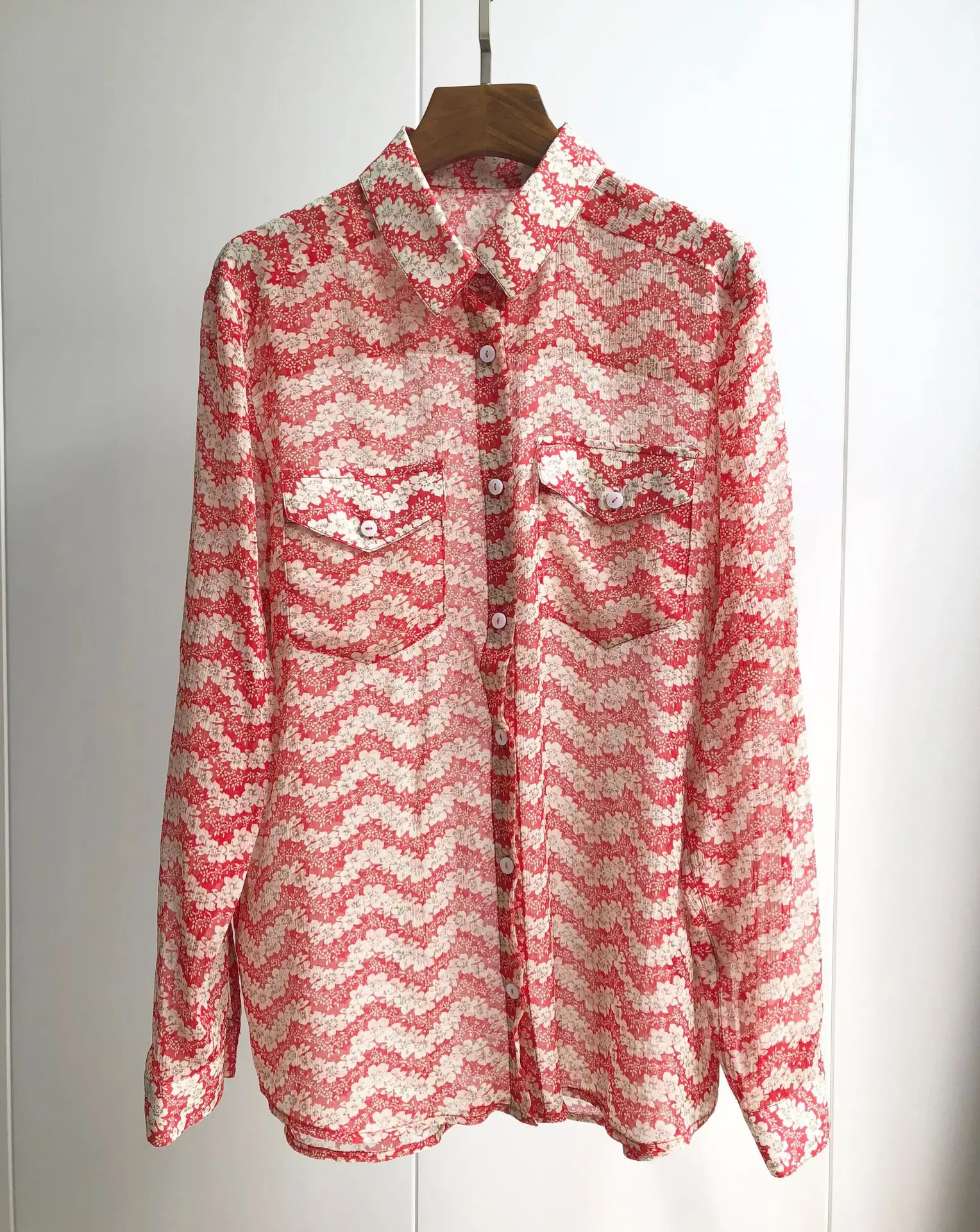 

Light Red 100% Silk Printing Women Blouses