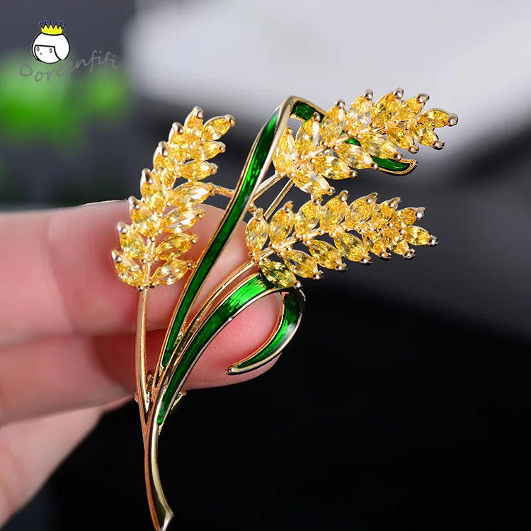 

New Sparkling Yellow Crystal CZ Wheat Enamel Gold Brooches Women Men Weddings Bridal Banquet Brooch Pins Mother's Day Gift