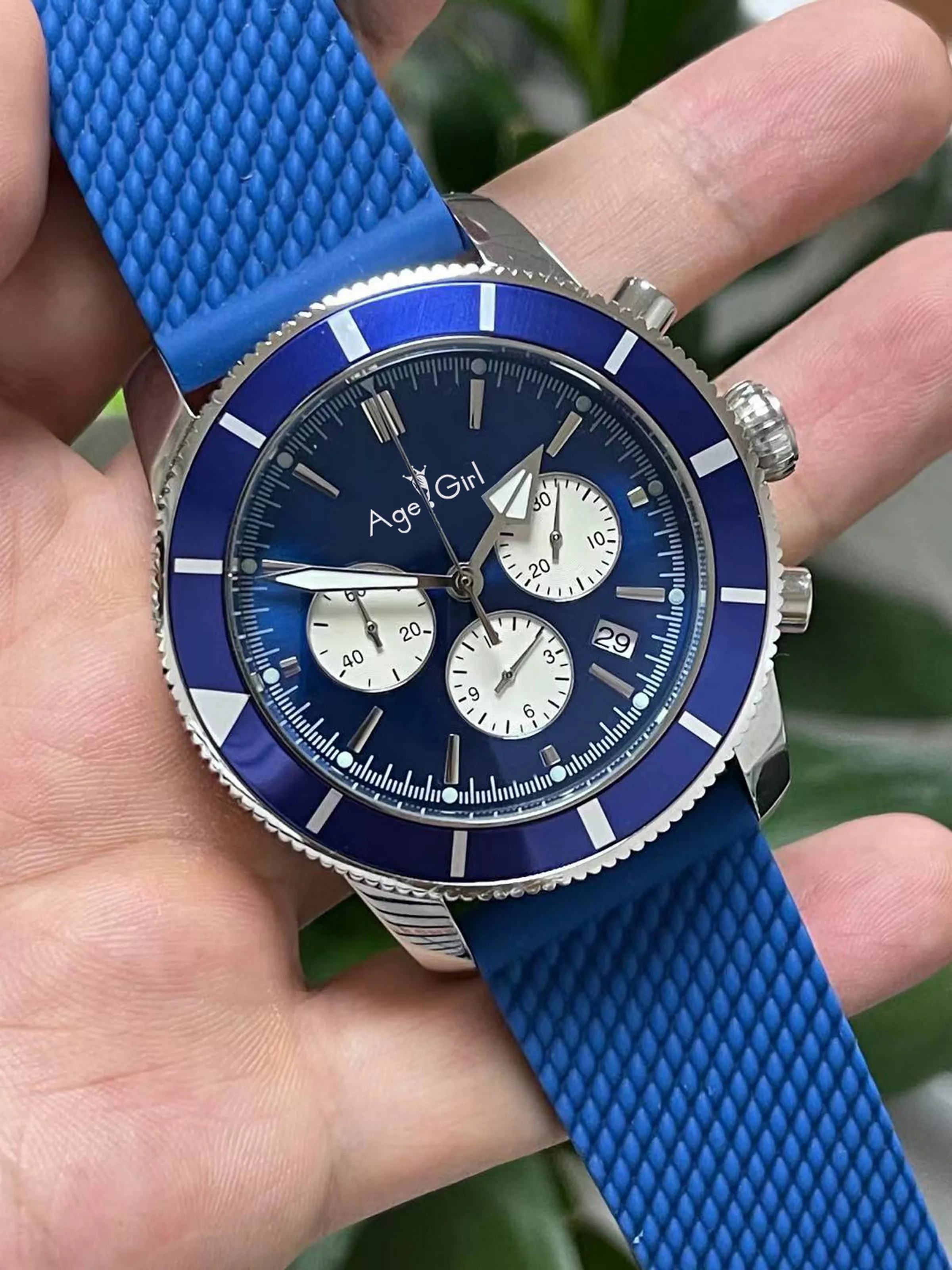 

Brand New Mens Superocean Quartz Chronograph Stainless Steel Watch Luxury Ceramic Bezel Black Blue Rubber Watches 46mm AAA+