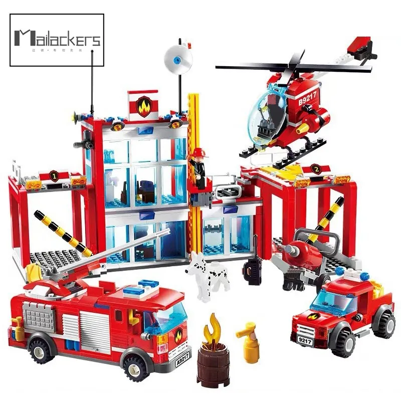 

Mailackers City Fire Station Model Construction Building Blocks Firefighter Man Truck Enlighten Bricks Educational Toys Children