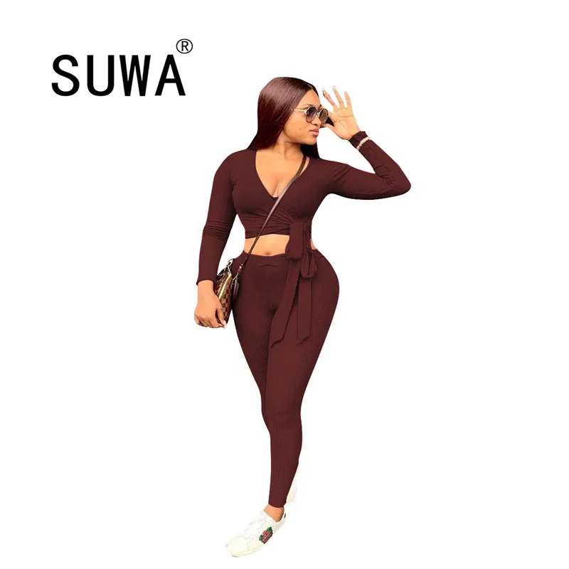 

Женский Повседневный укороченный топ с V-образным вырезом и длинным рукавом, обтягивающие леггинсы, однотонная эластичная облегающая одежд...