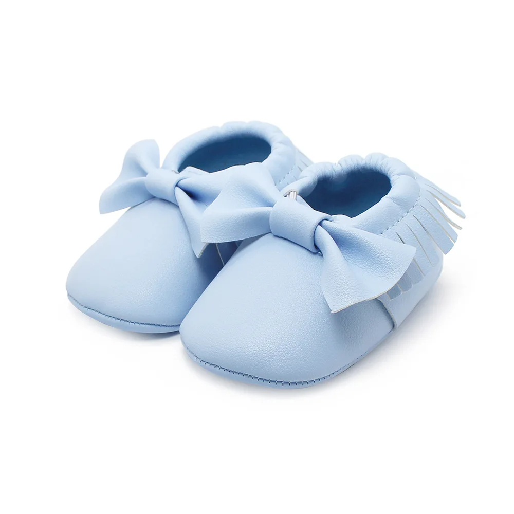 light blue Детская обувь для новорожденного мальчика Девочки Первые ходунки ПУ подошва принцесса Бант Повседневные детские Мокасины детская кроватка обувь - Цвет: light blue